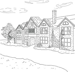 Retro residence brick house line art coloring page, Rural building outdoor hand-drawn illustration vector