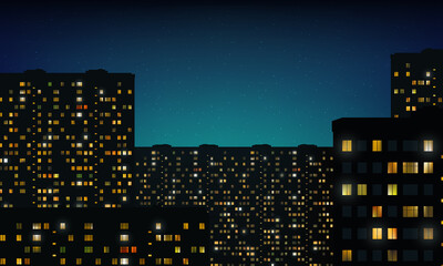 Glowing gold windows of buildings, stars in night sky. View from window on city night landscape. Light of windows in tall buildings, starry sky. Abstract background, wallpaper. Vector illustration