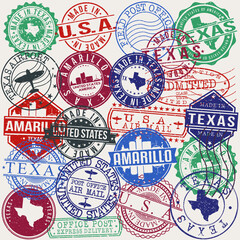 Amarillo Texas Set of Stamps. Travel Stamp. Made In Product. Design Seals Old Style Insignia.