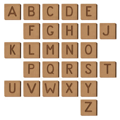 Alphabet in wooden letters. Isolated illustration to compose your own words and phrases. Wooden tiles. Handrawing