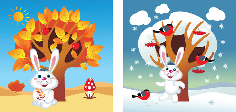 Seasons, autumn and winter. Vector image.