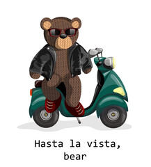Vector image of a soft toy bear, depicted alive with a hint of humanity on an electric scooter wearing sun glasses and a leather jacket. Concept. EPS 10 © Ekaterina