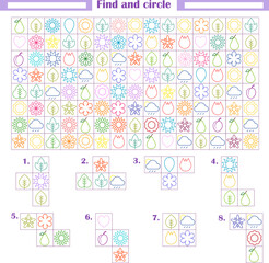  Logic game for children. Development of attention, thinking. Find and circle the fragments shown below