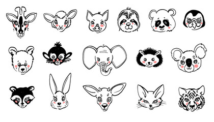 Black line sketch animals portrait. Cartoon vector illustration. Vector hand drawing. Giraffe, sheep, pig, sloth, panda, penguin, bear, monkey, elephant, hedgehog, koala, raccoon, deer, fox, tiger.