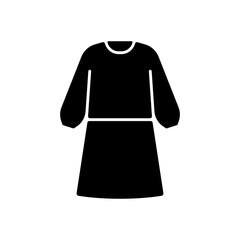 Isolation gown black glyph icon. Protective wear from virus infection. Reusable suit to work with hazard material. Disposable PPE. Silhouette symbol on white space. Vector isolated illustration