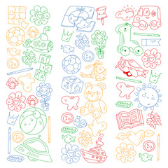 Vector pattern with boys and girls. Kindergarten and toys. Happy childhood and creativity with imagitanion.