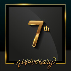 7th anniversary logo golden colored isolated on black background, vector design for greeting card and invitation card.