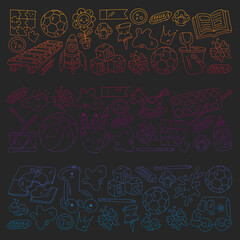 Vector pattern with boys and girls. Kindergarten and toys. Happy childhood and creativity with imagitanion.