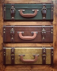 A stack of vintage or old fashioned leather suitcases or luggage in a travel background with copy space 