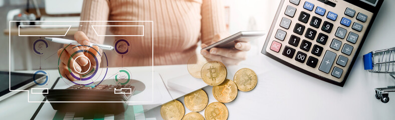 Businessmen hold dollars.Gold Bitcoin with electronic computer processor board.Digital money Digital currency Trading and investment concept.