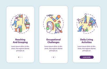 Fototapeta premium Upper-limb prostheses tasks onboarding mobile app page screen with concepts. Reaching, grasping walkthrough 3 steps graphic instructions. UI, UX, GUI vector template with linear color illustrations