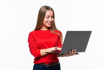 young beautiful modern woman having an laptop in hand isolated on white background