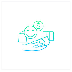 Designate guilt-free spending money gradient icon.Hand holds money.Happy emoji.Thoughtful spending money.Mindful spending.Isolated vector illustration.Suitable to banners, mobile apps and presentation