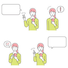 スマートフォンを持つ若い女性、表情バリエーション／Vサイン、驚く、確認、説明／3色