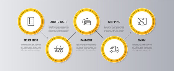 Concept of shopping process with 5 successive steps. Five colorful graphic elements. Timeline design for brochure, presentation, web site. Infographic design layout.