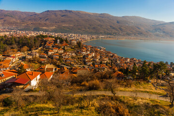 OHRID, NORTH MACEDONIA: Top view of the Old Fortress of King Samuel or Samuel's Stronghold on the...