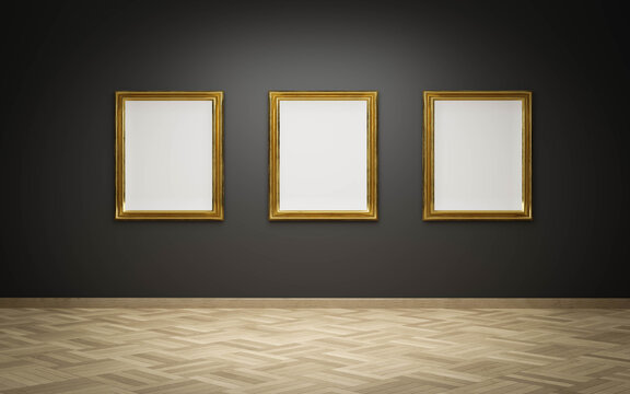 empty golden picture frames with blank canvas on black wall in art gallery exhibition 3d render illustration mock up template