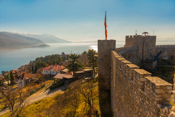 OHRID, NORTH MACEDONIA: Top view of the Old Fortress of King Samuel or Samuel's Stronghold on the...