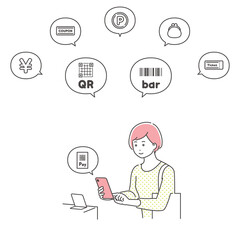 スマホでキャッシュレス決済する若い女性　アイコン吹き出し付き／3色