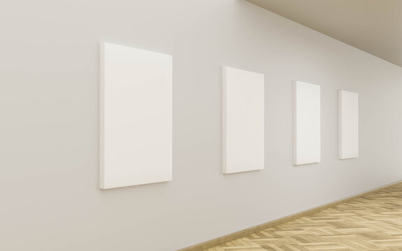 empty canvas on white wall in art gallery with wooden floor exhibtion 3d render illustration mock up template