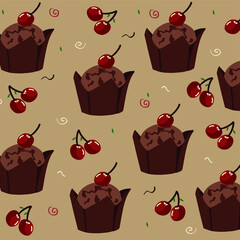 Chocolate muffin with ripe cherries, sweet cherries combined with chocolate and cupcake.Vector graphics