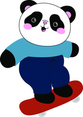 Cute little panda on a skateboard. Baby animals kid illustration. Sport logo.