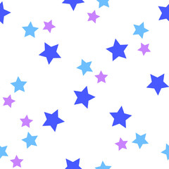 Seamless pattern with blue and lilac stars on a white background. Use for fabric, wrapping paper, wallpaper, print, backdrops, baby clothes, napkins, bags, merchandise, clothing, and artwork.
