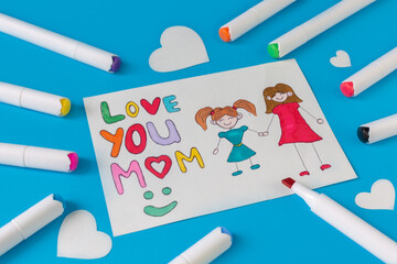 Happy mother's day. Beautiful postcard drawn by a child for mom. Love you mom