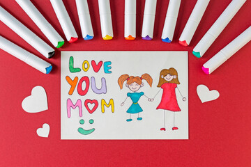 Happy mother's day. Beautiful postcard drawn by a child for mom. Red background. Love you mom