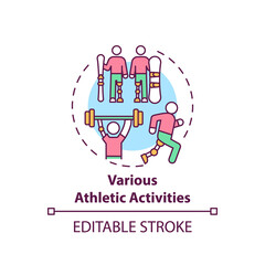 Various athletic activities concept icon. Lower-limb prostheses task idea thin line illustration. Participation in sports. Locomotion types. Vector isolated outline RGB color drawing. Editable stroke