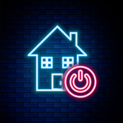 Glowing neon line Smart home icon isolated on brick wall background. Remote control. Colorful outline concept. Vector
