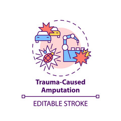 Trauma-caused amputation concept icon. Amputation cause idea thin line illustration. Motor vehicle accidents. War and terrorist attacks. Vector isolated outline RGB color drawing. Editable stroke