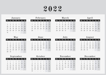 Wall horizontal Calendar for year 2022 in neutral black and white design
