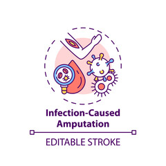 Infection-caused amputation concept icon. Amputation cause idea thin line illustration. Blood vessel disease. Affected limb. Bones infection. Vector isolated outline RGB color drawing. Editable stroke