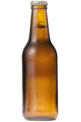 Brown beer bottle in a white background. Beer brown bottle with drops isolated in white background