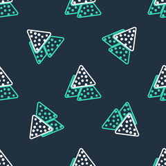 Line Nachos icon isolated seamless pattern on black background. Tortilla chips or nachos tortillas. Traditional mexican fast food. Vector