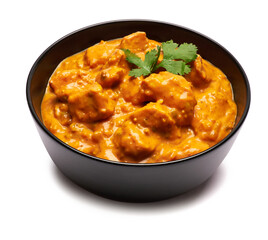 Black ceramic bowl of Traditional Chicken Curry isolated on white background with clipping path embedded