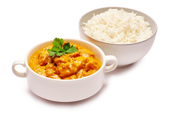 Traditional Chicken Curry and a bowl of boiled rice isolated on white background with clipping path embedded