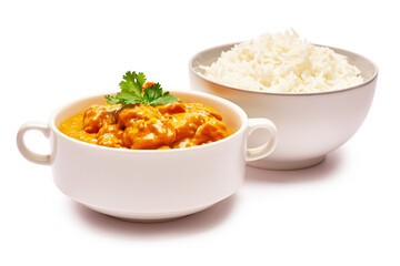 Traditional Chicken Curry and a bowl of boiled rice isolated on white background with clipping path embedded