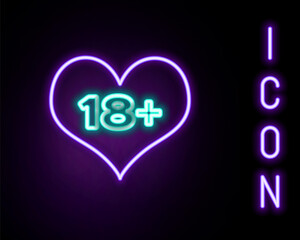 Glowing neon line 18 plus content heart icon isolated on black background. Adults content only icon. Colorful outline concept. Vector