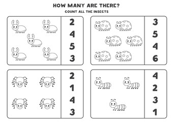 Counting game with cute insects. Math worksheet.