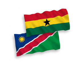 National vector fabric wave flags of Republic of Namibia and Ghana isolated on white background. 1 to 2 proportion.