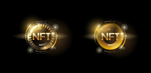 Golden nft token set with glitter effect. Non fungible tokens. Vector illustration design.