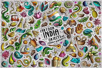 Cartoon set of India theme items, objects and symbols