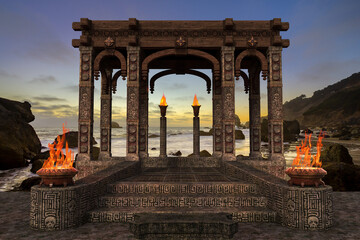 3D rendering and photo composite of a fantasy temple by the sea at sunset.