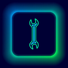 Glowing neon line Wrench icon isolated on black background. Spanner repair tool. Service tool symbol. Colorful outline concept. Vector