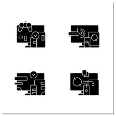 Cross platform glyph icons set. Programming environment. Playing, multiplayer, design, files syncing. Digitalization concept.Filled flat sign. Isolated silhouette vector illustration