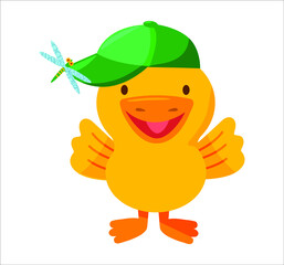 Cute happy duckling wearing a green cap. Colourful vector illustration