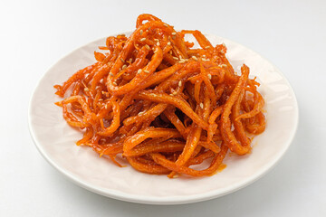 Stir-fried squid on white background
