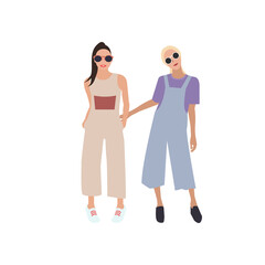 Two girls in overalls. Friendship of girls. Same sex couple. Vector illustration on a white background.